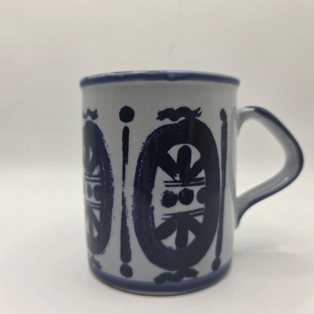 Scandia Hand Painted Japan Coffee Mug Blue White Folk Art Ceramic Vintage 3.75in
